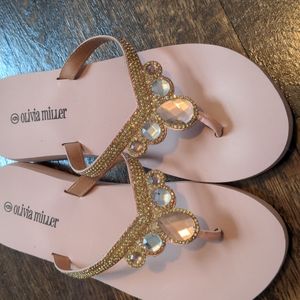 Olivia Miller rose gold studded flip flops